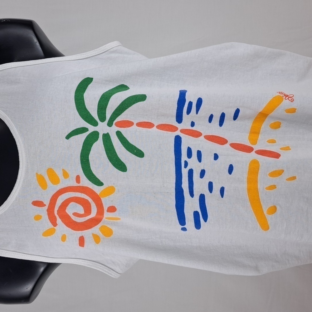 Vintage 1988 Pinwheels beach scene art casual summer XL white tank top shirt